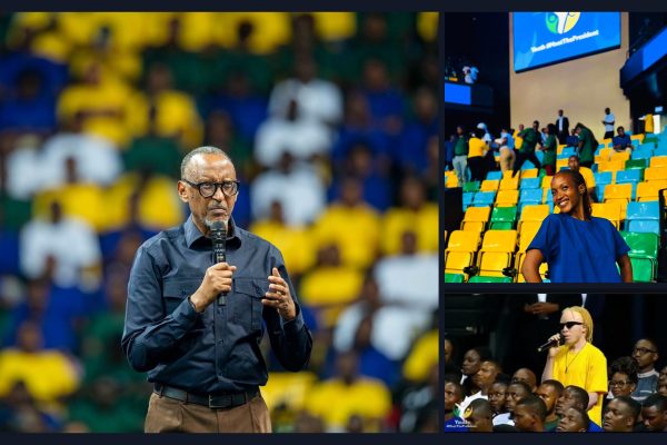 A collage of three photos from the Youth #MeetThePresident event: the president speaking into a microphone in front of a crowd, a smiling young woman posing in the stadium seats, and a young person asking a question on a live broadcast.